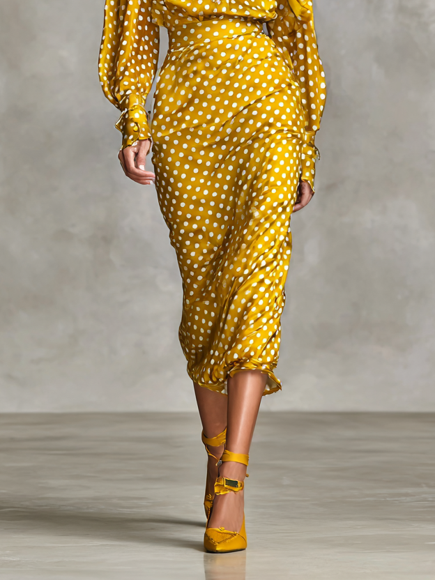 Women's Vintage Satin Polka Dot Print Shirt And Skirt Two-Piece Set (Not including scarf) - Eliza-Warszawa
