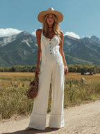 Women's White Linen Sleeveless Suspender Button Jumpsuit With Lace Design - Eliza-Warszawa