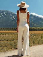 Women's White Linen Sleeveless Suspender Button Jumpsuit With Lace Design - Eliza-Warszawa