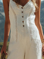 Women's White Linen Sleeveless Suspender Button Jumpsuit With Lace Design - Eliza-Warszawa