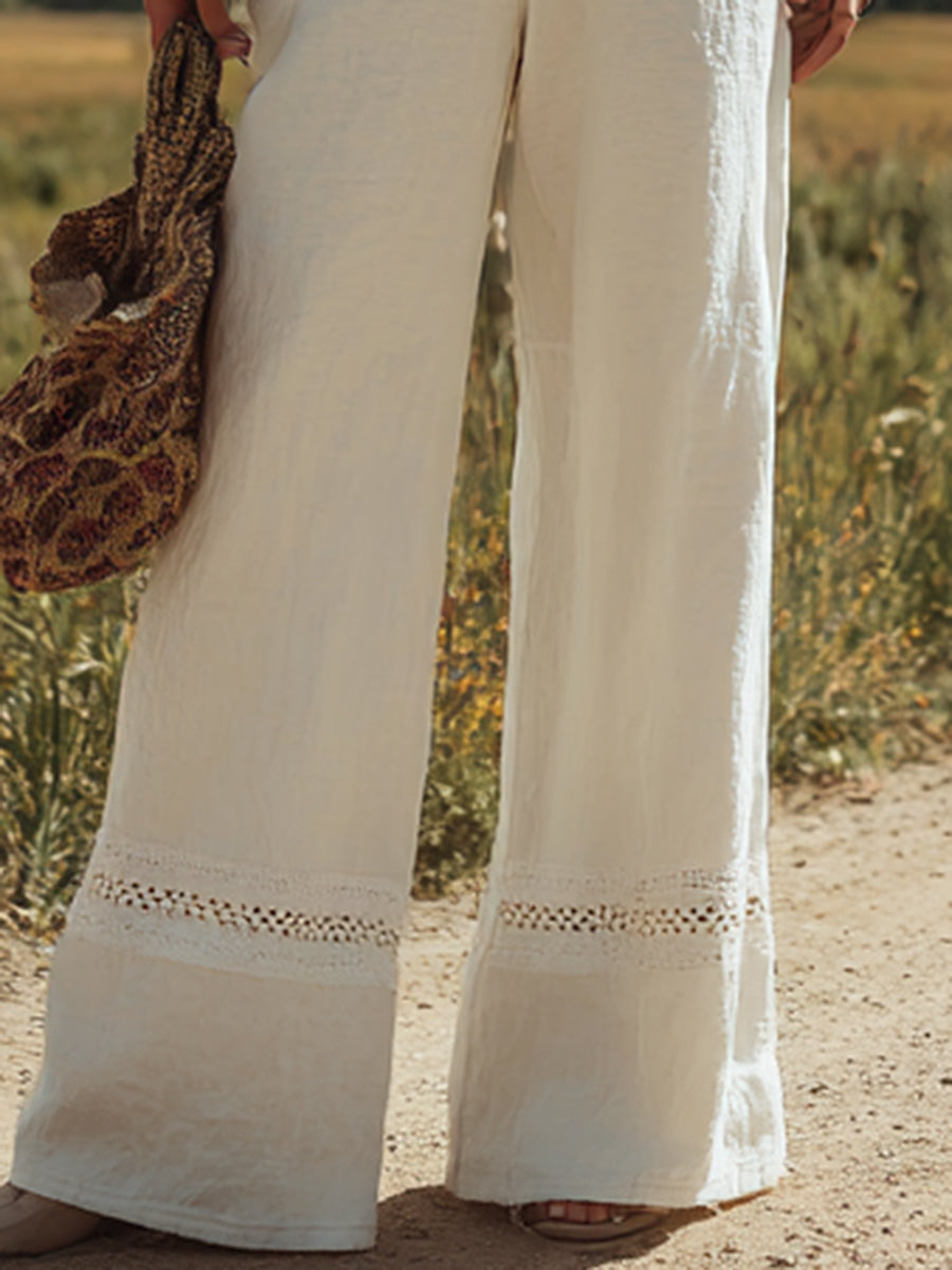 Women's White Linen Sleeveless Suspender Button Jumpsuit With Lace Design - Eliza-Warszawa