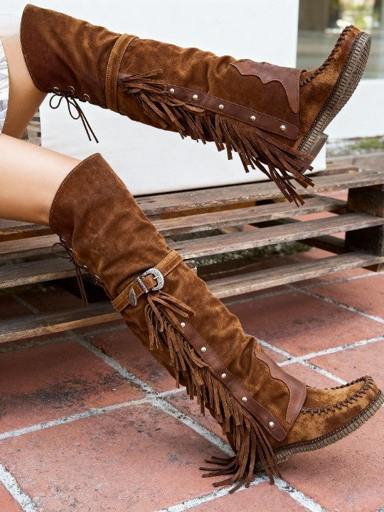 Women's over-the-knee tassel rivet flat high boots - Eliza-Warszawa