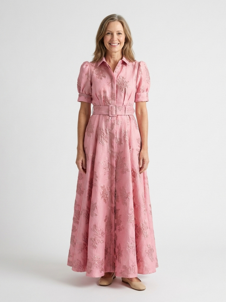 Xanthea - Short Sleeve Belted Floral Textured Maxi Shirt Dress - Eliza-Warszawa