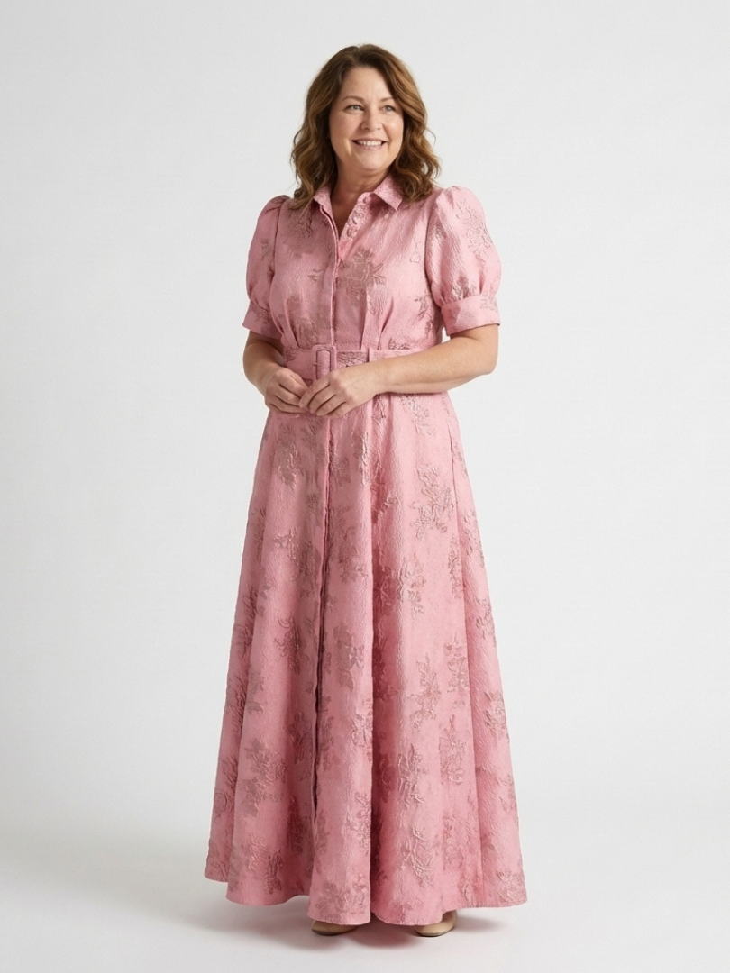 Xanthea - Short Sleeve Belted Floral Textured Maxi Shirt Dress - Eliza-Warszawa