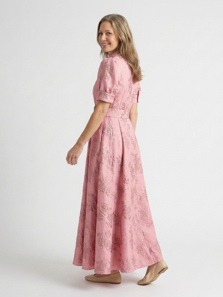 Xanthea - Short Sleeve Belted Floral Textured Maxi Shirt Dress - Eliza-Warszawa