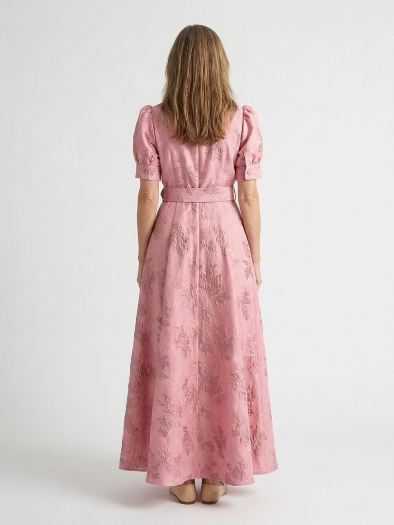 Xanthea - Short Sleeve Belted Floral Textured Maxi Shirt Dress - Eliza-Warszawa