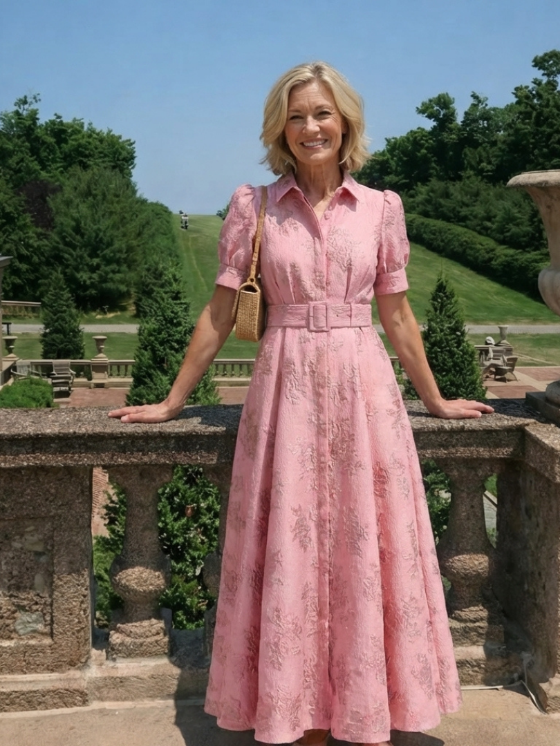 Xanthea - Short Sleeve Belted Floral Textured Maxi Shirt Dress - Eliza-Warszawa