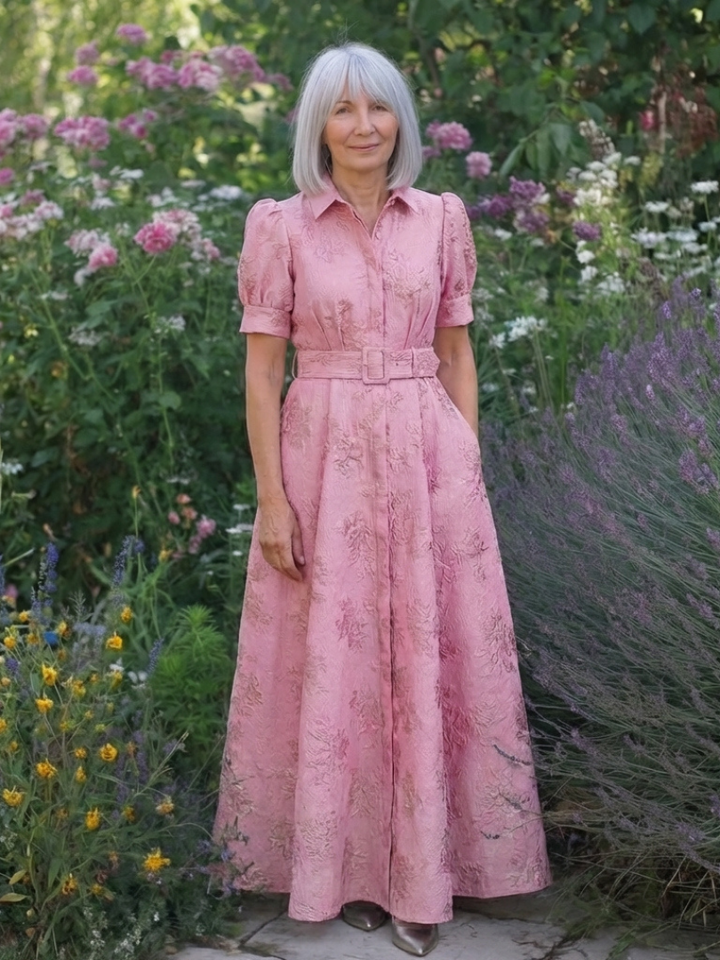 Xanthea - Short Sleeve Belted Floral Textured Maxi Shirt Dress - Eliza-Warszawa