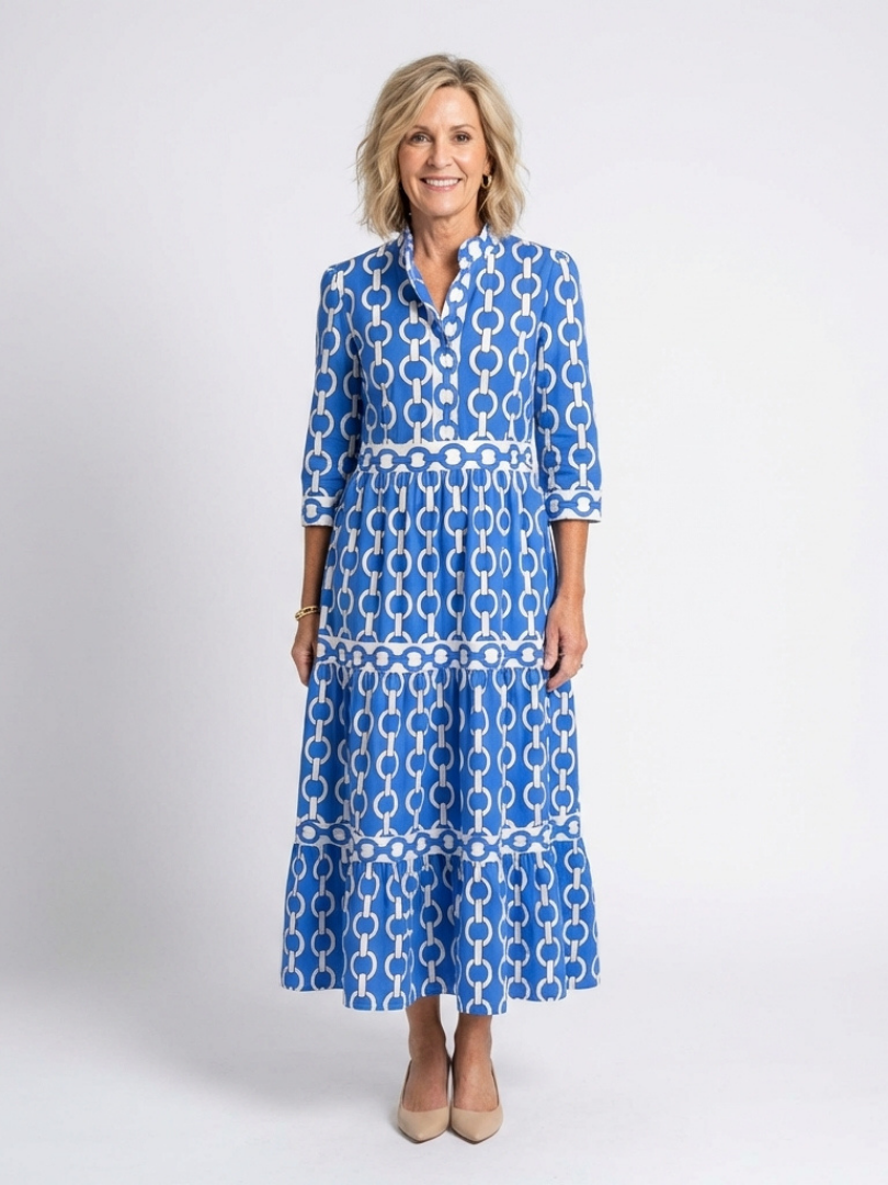 Ysolde - Three Quarter Sleeve Chain Pattern Midi Dress - Eliza-Warszawa