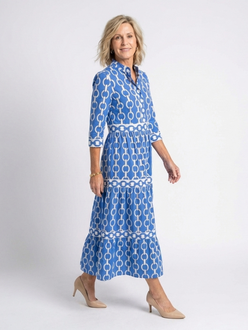 Ysolde - Three Quarter Sleeve Chain Pattern Midi Dress - Eliza-Warszawa