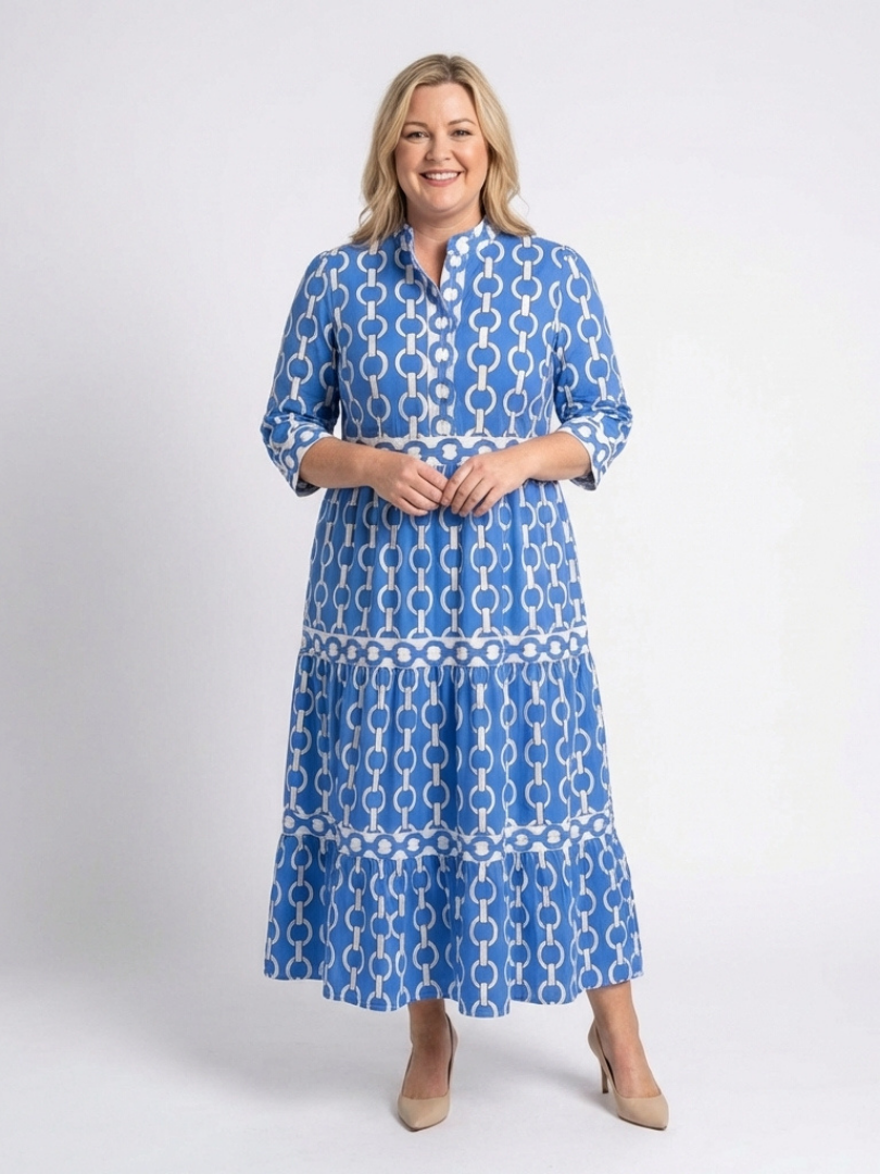 Ysolde - Three Quarter Sleeve Chain Pattern Midi Dress - Eliza-Warszawa
