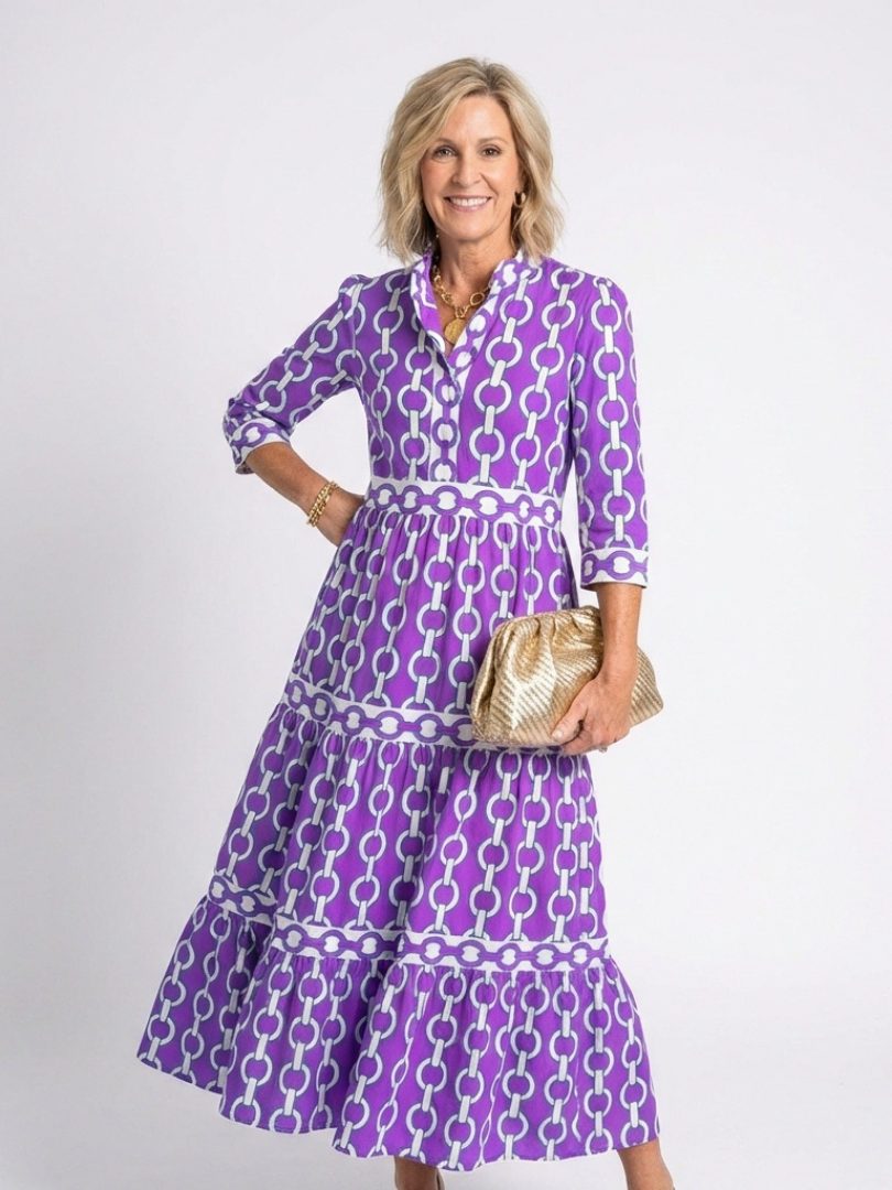 Ysolde - Three Quarter Sleeve Chain Pattern Midi Dress - Eliza-Warszawa