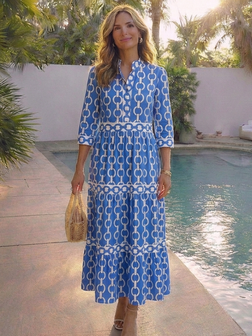 Ysolde - Three Quarter Sleeve Chain Pattern Midi Dress - Eliza-Warszawa