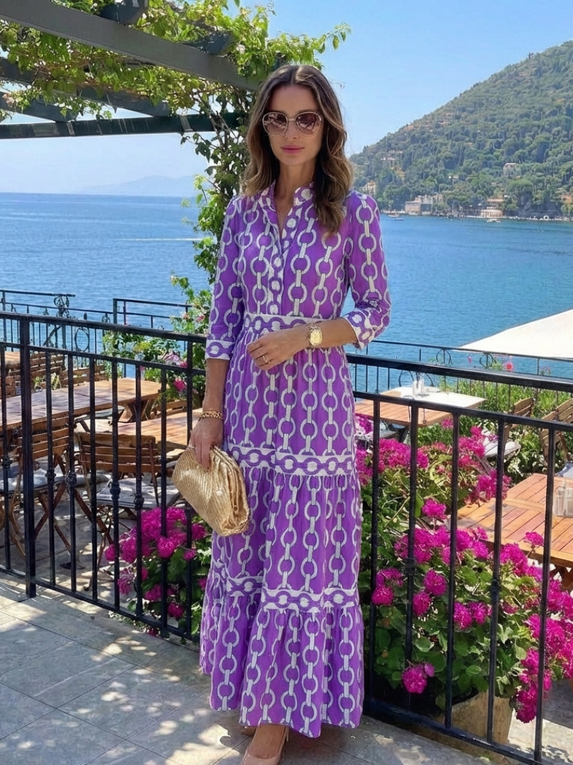 Ysolde - Three Quarter Sleeve Chain Pattern Midi Dress - Eliza-Warszawa